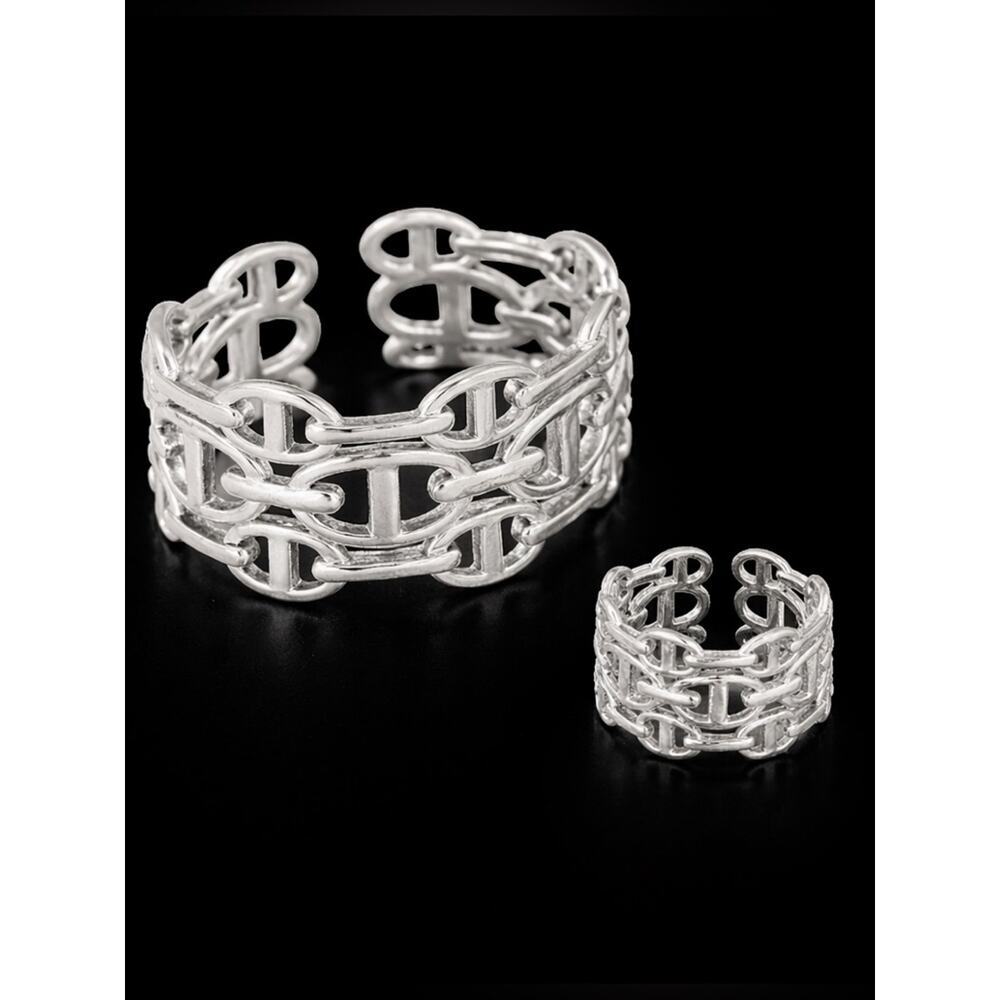 Silver Mariner Pignose Link Chain Open Cuff Bangle Ring Bracelet Set - Picture 7 of 8